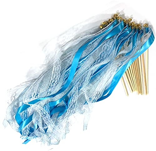 DHER Ruban De Baguettes De Mariage Cloche 12 PièCes De Ruban Baguette De FéE Baguette Magique Banderole Baguette Avec Cloches Ruban De Mariage Flottant DéCoration Pelouse Ruban Mariage FêTe (bleu)