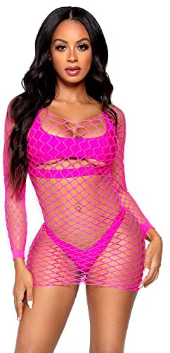Leg Avenue Net long sleeved mini dress, Taille Unique (Rose néon)