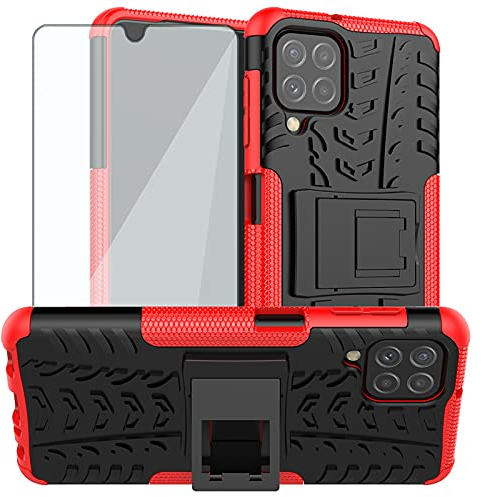 Asuwish Handyhülle für Samsung Galaxy A22/M32/M22 4G Hülle mit Glas Folie Panzerfolie Schutzfolie und Ständer Schutzglas A 22 22A F22 G4 Slim Hard Handy Hüllen Schutzhülle Phone Case Männer Rot