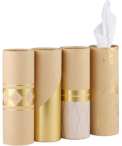 Car Tissue Holder with 3-ply Facial Tissues Bulk - 4 PK Gold Foil Cylinder, for Car, Travel Cup Holder, Refill Box Round Container Kraft