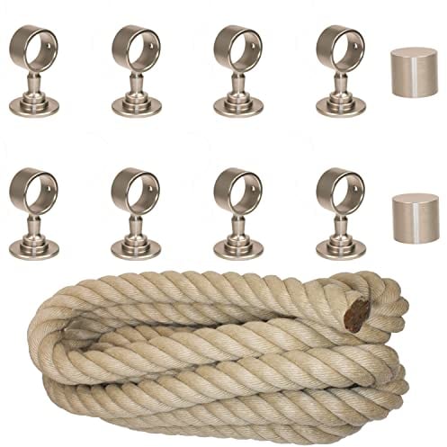 Handlaufseil Set 30mm - bestehend aus 2 Endkappen 8 Seilträger vernickelt und 8m Nature Touch Handlaufseil naturfarben