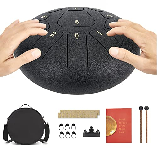 Tambour Handpan Steel Tongue Drums à 11 Tons Instrument à Percussion en Acier de 10 Pouces Tambour à Main avec Sac,Instrument à Percussion idéal pour la Méditation,Yoga,Performances,Education (Noir)