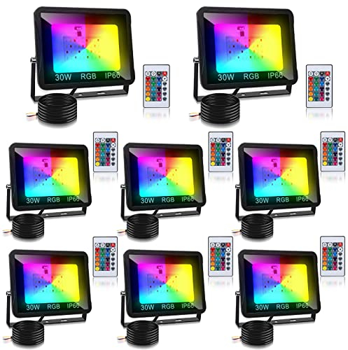 Tubiaz Projecteur LED RGB Exterieur Avec Télécommande, 8pack 30W Projecteur LED Couleur 16 Couleurs 4 Modes, Fonction Mémoire, IP66 Étanche Spot LED Extérieur pour Jardin (pas de prise)