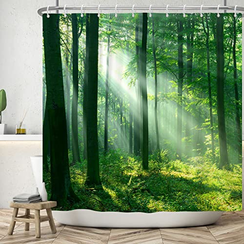 Bovlleetd 152x183cm Rideau De Douche ForêT Matin ForêT LumièRe du Soleil Rideau De Salle De Bain Impression 3D Paysage Forestier Rideau De Douche Naturel ForêT Verte Rideau De Bain éTanche