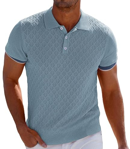 GRACE KARIN Atmungsaktive Herren-Polo-Shirts, kurze Ärmel, leichte Strickstruktur, Golf-Shirts, Tops, Grau, Blau, XX-Large