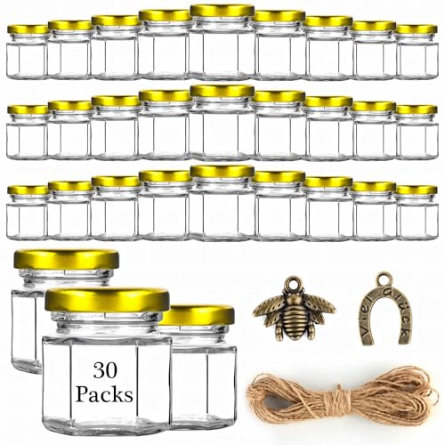 MAOOY Pack of 30 Hexagon Mini Glass Honey Jars 45 ml Honeypot with Spoon Small Glasses Golden Lid Bronze Bee Hemp Rope Thank You Cards Organza Bags for Baby Shower Party Favours Wedding