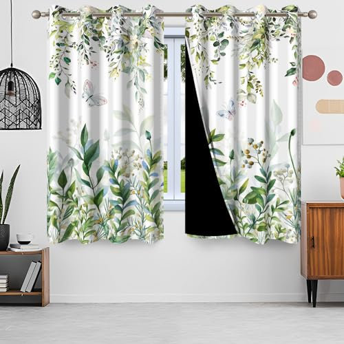 Uiiooazy Gardinen Eukalyptus, Vorhänge Grün Blätter Blumen Rosa Schmetterling Vorhang Blickdicht mit Ösen Thermogardinen Verdunklungsvorhänge für Wohnzimmer Schlafzimmer Fenster, 2er Set, 140Bx225Hcm