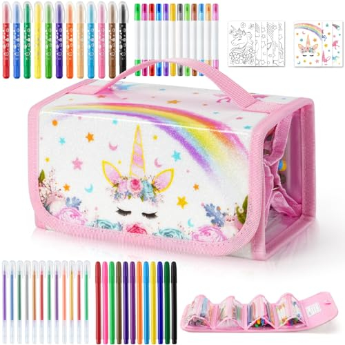 Unicornio Lettering Kit para Niñas - 56 pcs Estuche Colores Estuche para Colorear con Estuche de Unicornio Regalo Niños Juguetes Niña con Rotuladores Aroma Marcadores Purpurina Colorear Páginas
