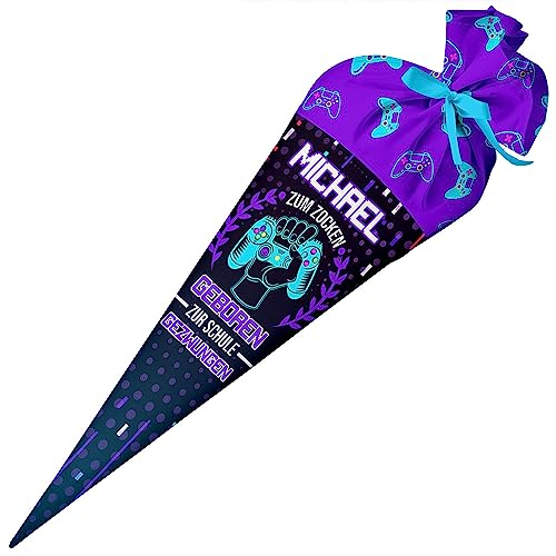 Ferocity Schultüte Geboren zum Zocken mit Namen für Jungen, Personalisierte Tüte, 70 cm Zuckertüte aus Stoff mit runde Papprohling und Füllung aus Silikonkügelchen, große Tüte als Kissen [149]