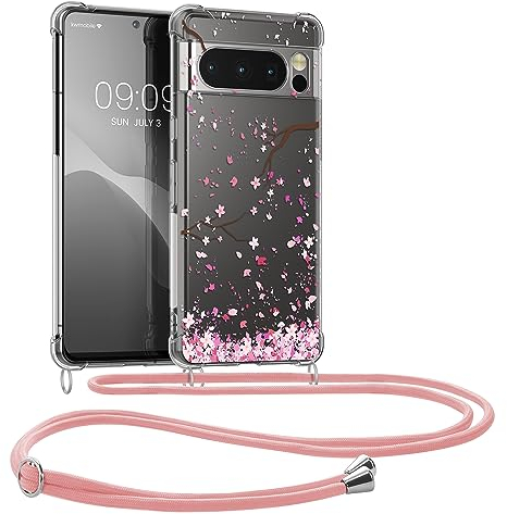 kwmobile Necklace Case kompatibel mit Google Pixel 8 Pro Hülle - Silikon Cover mit Handykette - Rosa Dunkelbraun Transparent Kirschblütenblätter