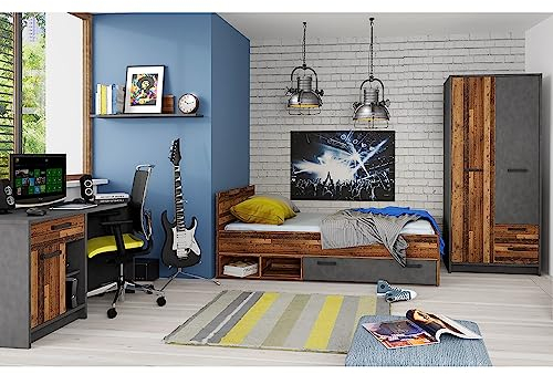 Lomadox Jugendzimmer Komplett-Set mit Bett 90x200, Schreibtisch, Arbeitsplatz, Bettgestell, Kleiderschrank, Schrank, Kinderzimmer Möbel in grau mit Holz