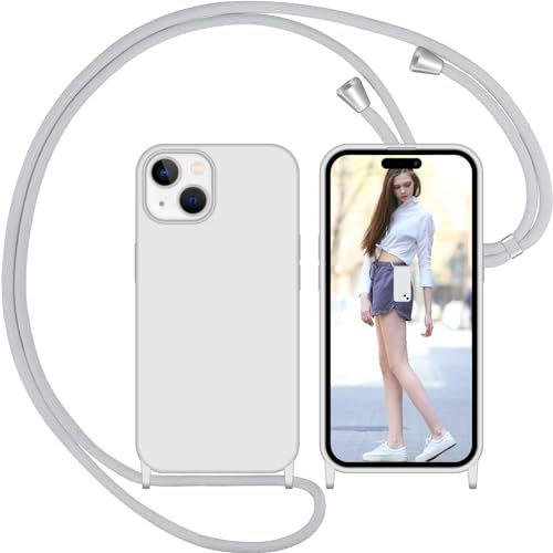 Nupcknn Coque en silicone liquide avec cordon pour iPhone 15, coque souple en silicone avec sangle réglable collier sangle de cou chaîne cordon (gris)