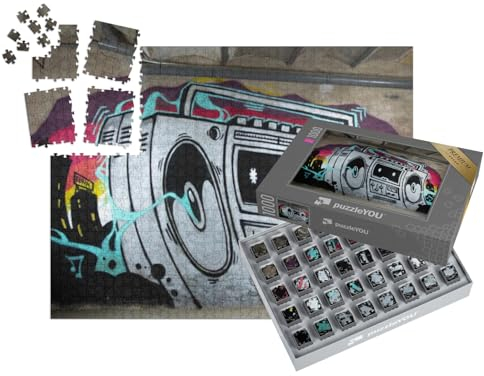 puzzleYOU: SMART Sorted® | Puzzle 1000 Teile leicht gemacht „Graffitikunstwerk eines Ghettoblasters an Einer Wand“ – aus der Puzzle-Kollektion Kunst & Fantasy