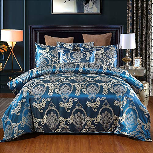 BDKCYO Retro Bettwäsche Satin Jacquard 220x240 cm Gold Jacquard Blumenmuster Bettbezug Luxus Romantisch Barock Stil Bettwäsche Set Satin (Blue,135 x 200 cm)