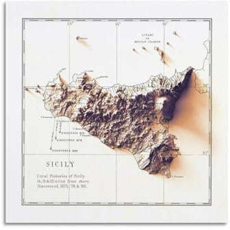 HVLS Italienische Karte Sizilien-Karte, Vintage, Reliefkarte, Poster, dekorative Leinwand, Familie, Schlafzimmer, Kunstwerk, Bild, Gemälde, 40 x 40 cm