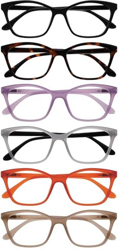 OPULIZE KAT Set di 6 Occhiali da Lettura - Montatura a Occhi di Gatto - Nero/Marrone/Viola/Grigio/Arancione/Tortora - Uomo e Donna - RRRRRR59-1257GU - +3.50