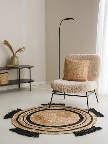 benuta Pure Jute Teppich Jutta - Natur/Schwarz Rund 120 cm - Handgewebter Wohnzimmerteppich - Natürliches Boho Design - Für Fußbodenheizung geeignet