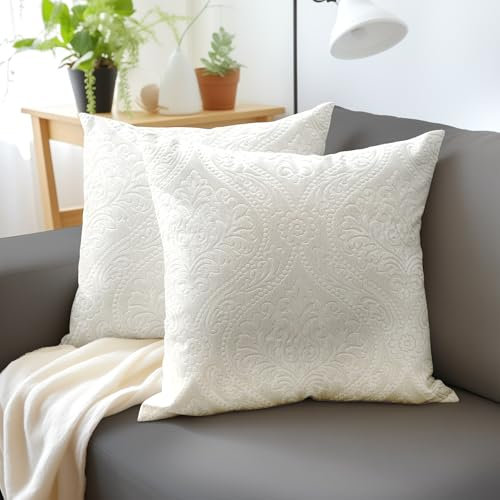 Encasa XO Samt Kissenbezuge 50x50 cm Geprägte - Plüsch Deko Kissenhüllen für Elegante Wohnzimmer & Schlafzimmer, Maschinenwaschbar Creme | Set von 2 | Nur Bezüge, Keine Einlage