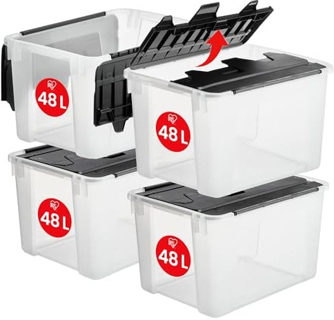 Iris Ohyama, Kunststoff-Aufbewahrungsbox mit Flügeldeckel, 48L, 4er-Set, Transparent, BPA-frei mit Griffen, Stapelbar und nestbar, Solide Organisation, Schlafzimmer, Ankleidezimmer, Büro, CWL-48