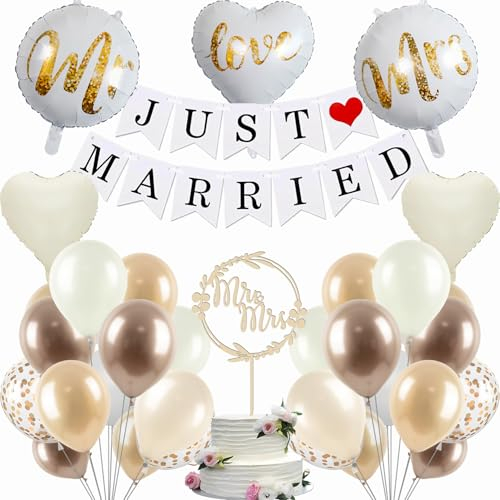 Hochzeitsdeko Just Married Deko, 57 Stück Luftballons 12 Zoll Helium Ballons mit Just Married Girlande, Cake Topper Hochzeit und Herzluftballons