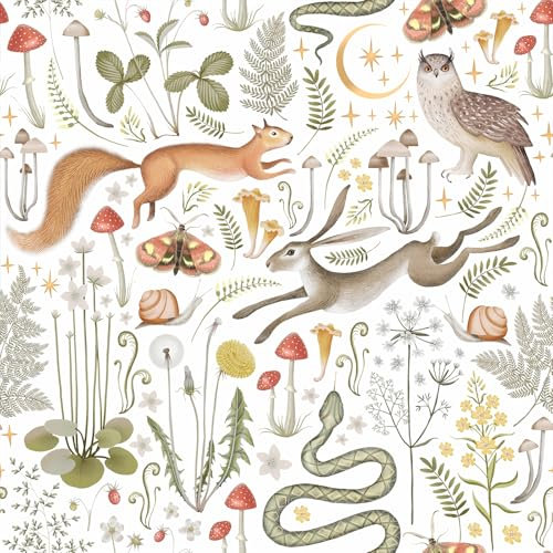 VEELIKE Dschungel Tapete Weiß Pilztapete Boho Tapete Wald Tropische Blumentapete 44.5cm x 300cm Mustertapete Kaninchen Schlangen Selbstklebende Tapete Blumen Fototapete Schlafzimmer Kinderzimmer
