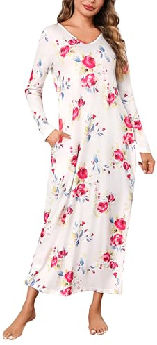 Sykooria Camisón Mujer Algodon Camisónes Largo Ropa de Dormir Ropa de Salón Casual Camisón Holgado con Bolsillos S-XXL