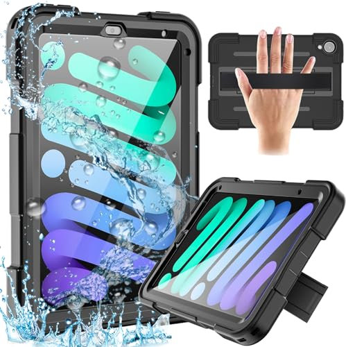 QANXGOG Coque Étanche pour iPad Mini 7 2024 et iPad Mini 6 2021, Protection Intégrale Antichoc avec Dragonne, Bandoulière et Support,Black