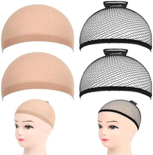 Haarnetz Nylon Wig Cap Perücke Kappen, 4 Stück Perückenkappe Set Perückennetz Unterziehhaube Dehnbare Elastische Atmungsaktive 2 Nackt Beige Perückenkappen, 2 Schwarze Haarnetz