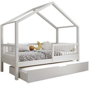 TIMBEE MURLO - Duo Holzbett - in Hausform mit Gitter, Sprossen und Schublade - Skandinavischer Stil - Massive Konstruktion aus Naturholz - Option mit Schlaffunktion - Grau - 90x180cm