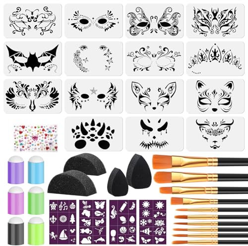 36 Stück Schablonen Schminken Set, 15 Schminkschablonen Gesicht, Malen Schablonen Wiederverwendbare mit 10 Pinseln, 10 Schwämme, 1 Blatt Diamant Aufkleber für Partys Halloween Karneval