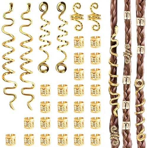 LUFFLOK 31 Pieces Gold Hair Locs, Adjustable Hair Rings and Charms for Dreadlocks Braids, Metal Hair Clips, Beads Clip Decorations Accessories for Men Women (Gold)
