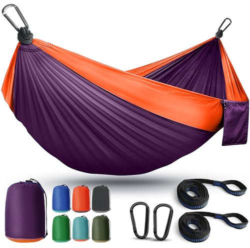 Camping Hammock Lightweight, Portable Hammocks Parachute Hammock with Two Tree Straps, Single or Double Travel Swing Nylon Camp Hammocks, Outdoor Essentials for Beach Backpacking Hiking, Orange