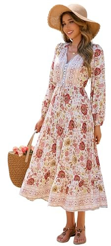 R.Vivimos Robe longue décontractée rétro bohème à manches longues et col en V boutonnée pour femme, Blanc/rose poudré, S