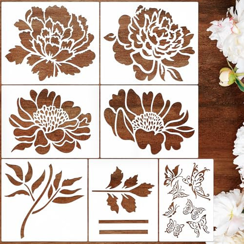 JSRQT 7 Stück Große Blumen Schablonen zum Malen, Wiederverwendbare DIY Malschablonen, Rose Zeichnen Schablone Vorlagen für Gartenzäune, Holz, Boden,Wand, Heimdekoration (30x25.5cm)