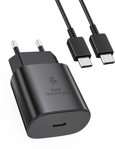 Chargeur Samsung 25W USB C Rapide avec Câble USB C 1M pour Galaxy S24 Ultra S23 S22 S21 S20 Note 20 A54 A53 A52 A51 A50 Z Fold Z Flip - Adaptateur Secteur Chargeur Type C Samsung Charge Rapide Noir