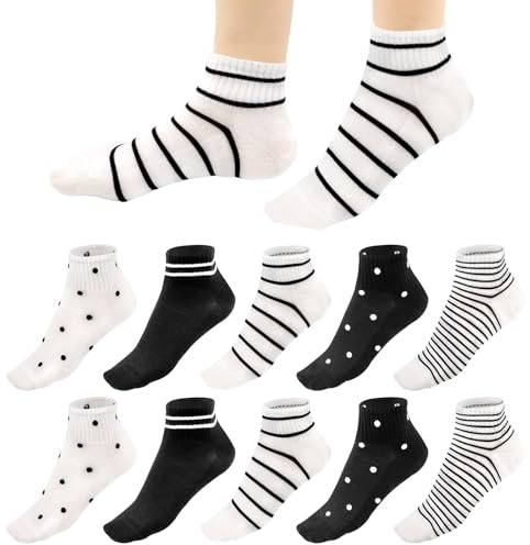 Soleeya 10 Paires Chaussettes Courtes Femme Rayées à Pois 35-38 en Coton, Respirant Socquettes Basses Fantaisie Chaussette Femme de Sport Running Casual Travail