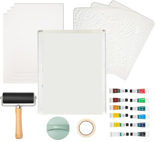 Uxsjakjsd Gelatin Plate, Printmaking Paper, Acrylic Paint Set- Gel Printing Plate Kit(8 X 10) for Art, Monoprinting Card Making