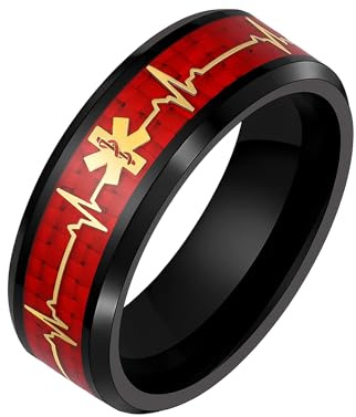Uloveido Medizinischer Alarmring für Notfälle Damen und Herren, Schwarzes Edelstahlband 8 mm mit rotem Harz und goldener ECG-Linie, Medizinischer Sicherheitsring Geschenk Y5273