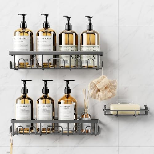 3 Pcs Antirouille Acier Inoxydable Etagere Douche sans Percage - Gris | Rangement Salle de Bain, Salle de Bain Accessoire, Ensemble Porte-Brosse Dents et Savon, Etagere Rangement Murale