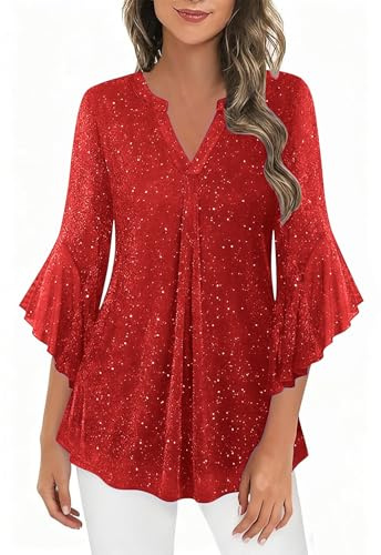 NSICBMNO Sequin Tops for Women UK V Neck T Shirts 3/4 Sleeve Tops Glitter Elegant Party Ruffle Blouses Ladies Flowy Loose Blouses Sparkly Evening Mesh Clarance
