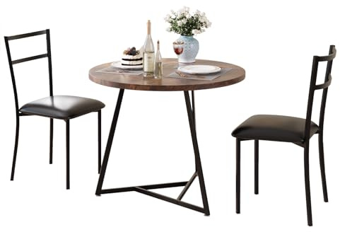 GarveeHome Essgruppe 2-teilig, runder Tisch mit 2 Stühlen, Stabiler Metallrahmen, Vintage-Look, für Küche, Esszimmer & Wohnzimmer, Schwarz