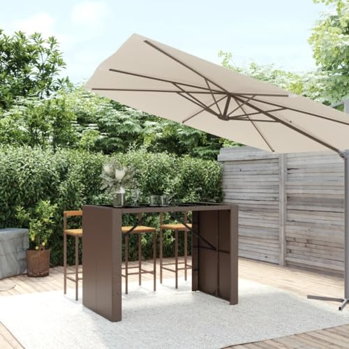 Owoxanthellate Bartisch Braun 145x80x110 cm Poly-Rattan Standtisch mit Hartglas für Garten Balkon Terrasse, wetterfest klappbar