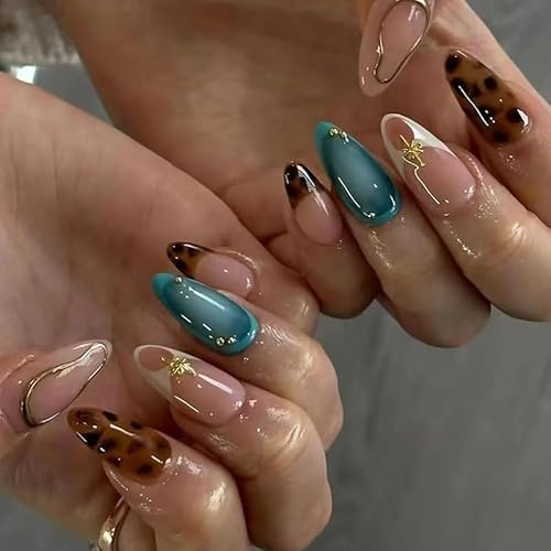 French Tip False Nails, Press on Nails Short 24pcs False Nails with Glue Fake Nails Glue On Nails Long Lasting Gift for Women Girls (Blue Leopard Print)