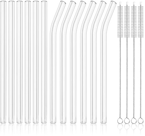 21.5cm Lot de 12 Paille en Verre Transparente avec Brosses | Pailles à Boire Metal Réutilisables 6 Droites et 6 Courbées pour Cocktail Smoothies Milkshakes Jus Café Boissons Chaudes