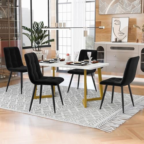 LINKHOO Ensemble Table à Manger, avec 4 chaises, Table rectangulaire, Chaise de Cuisine en Velours Noir, Pieds de Table dorés