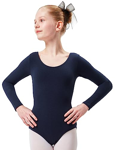tanzmuster ® Ballettanzug Mädchen Langarm - Lilly - aus Baumwolle, Ballettbody Kinder Ballett Trikot in marineblau, Größe 128/134
