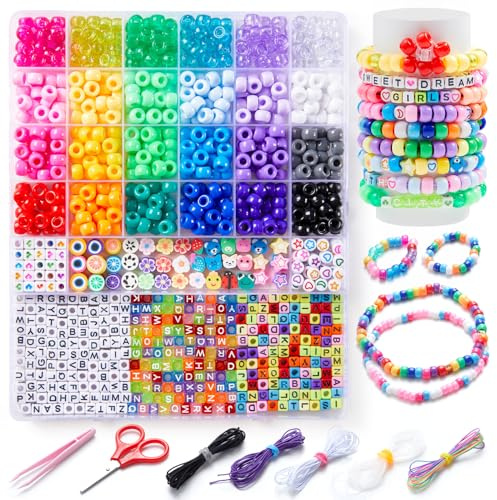 INSCRAFT Pony Perlen für Armbänder, Kandi Perlen Set für Kinder, Erwachsene | 1200 Pony Beads Set mit Buchstabenperlen & Polymer Clay Perlen, Armband Selber Machen Kit, Schmuck & Basteln für Mädchen