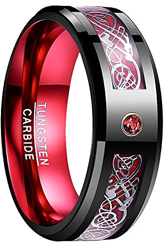 Vakki Herren Ringe aus Wolfram mit Keltischer Drachen Zirkon und Kohlefaser 8mm Ring Schwarz Rot Geeignet für Heiratsantrag Größe 77(24.5)