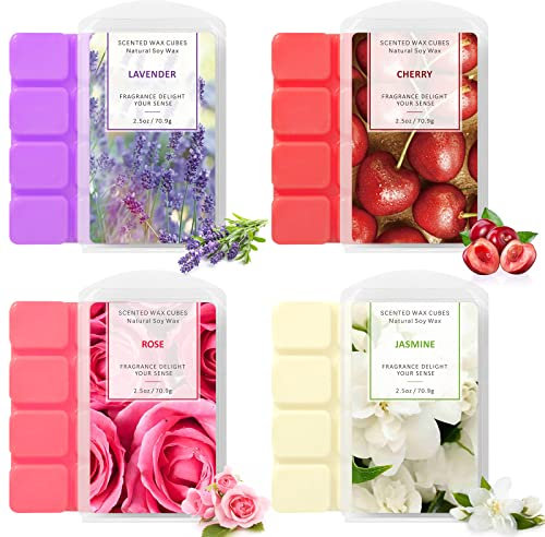 DERDUFT Scented Soy Wax Melts 4 Pack, Home Fragrance for Wax Melt Candle Warmer, Scent of Lavender, Rose, Jasmine, Cherry