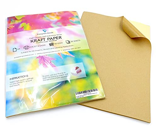 Evergreen Goods Brown A4 50 Hojas 80gsm | Hojas De Papel Kraft Autoadhesivo | Inyección De Tinta Y Láser | Etiquetas Y Pegatinas Gráficas Hd | Papel Adhesivo Imprimible Para El Hogar La Oficina Etc